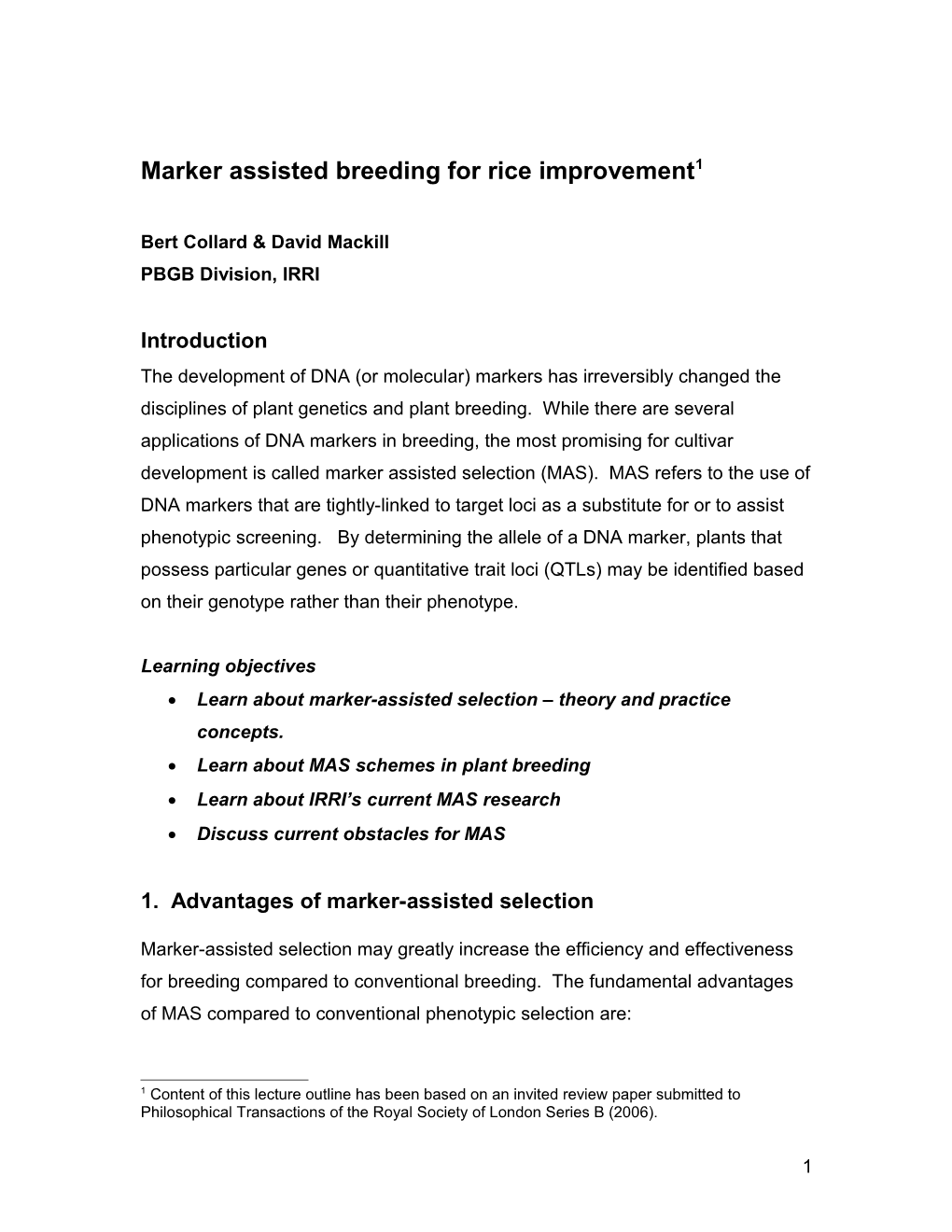 Marker Assisted Selection for Crop Improvement