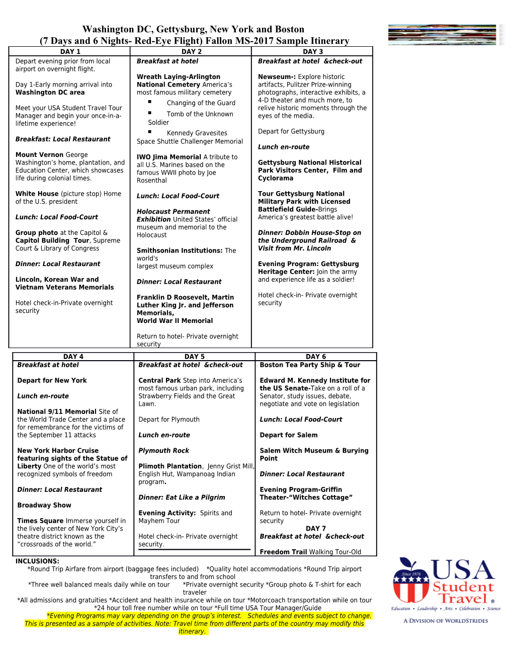 (7 Days and 6 Nights- Red-Eye Flight) Fallon MS-2017Sample Itinerary