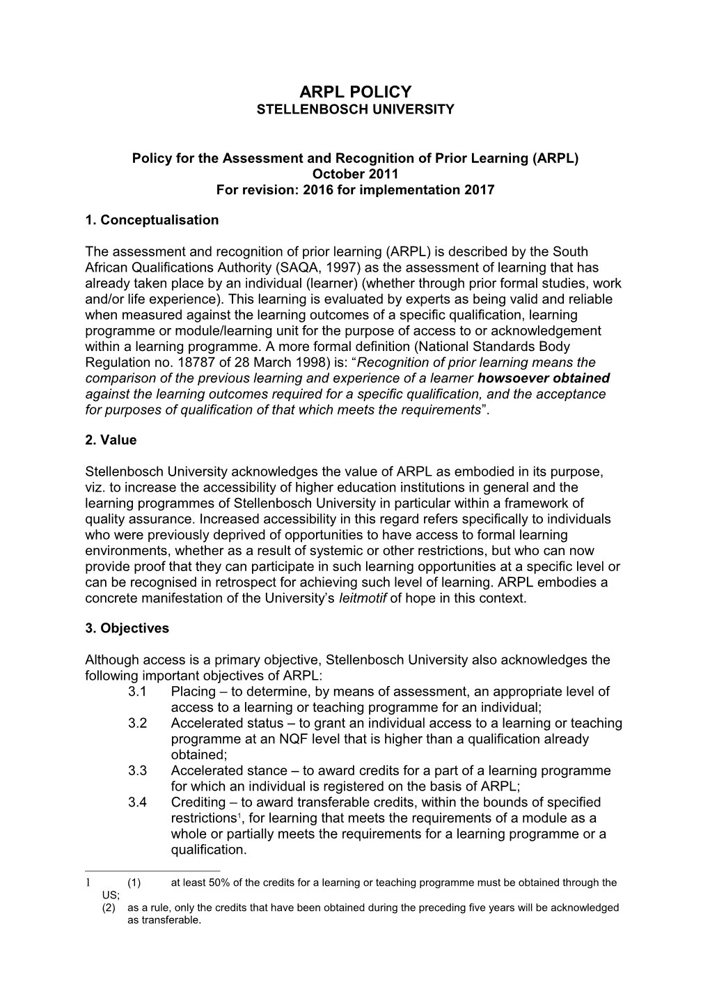 Policy for the Assessment and Recognition of Prior Learning (ARPL)