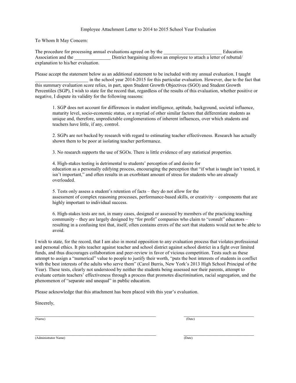 Employee Attachment Letter to 2014 to 2015 School Year Evaluation