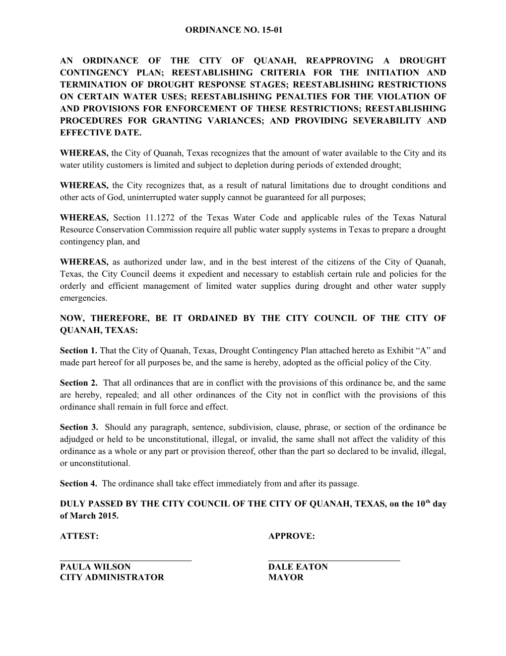 An Ordinance of the City of Quanah, Reapproving a Drought Contingency Plan; Reestablishing