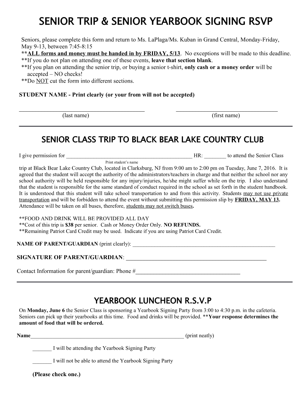 Senior Week Permission Slip