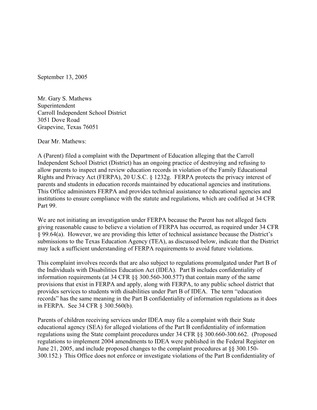 Letter to Carroll Independent School District Re: Destruction of Student Test Data (MS Word)