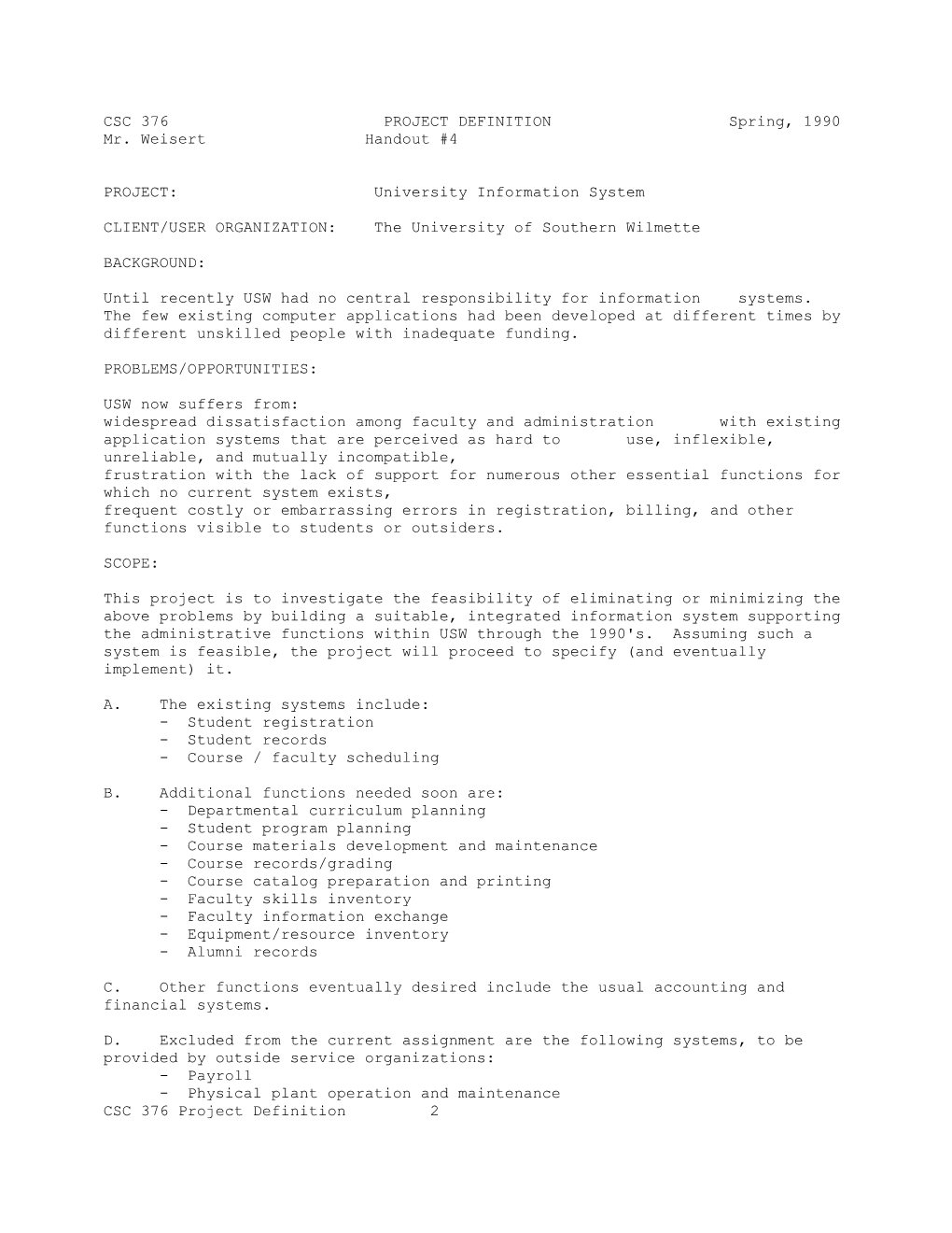 CSC 376PROJECT DEFINITION Spring, 1990