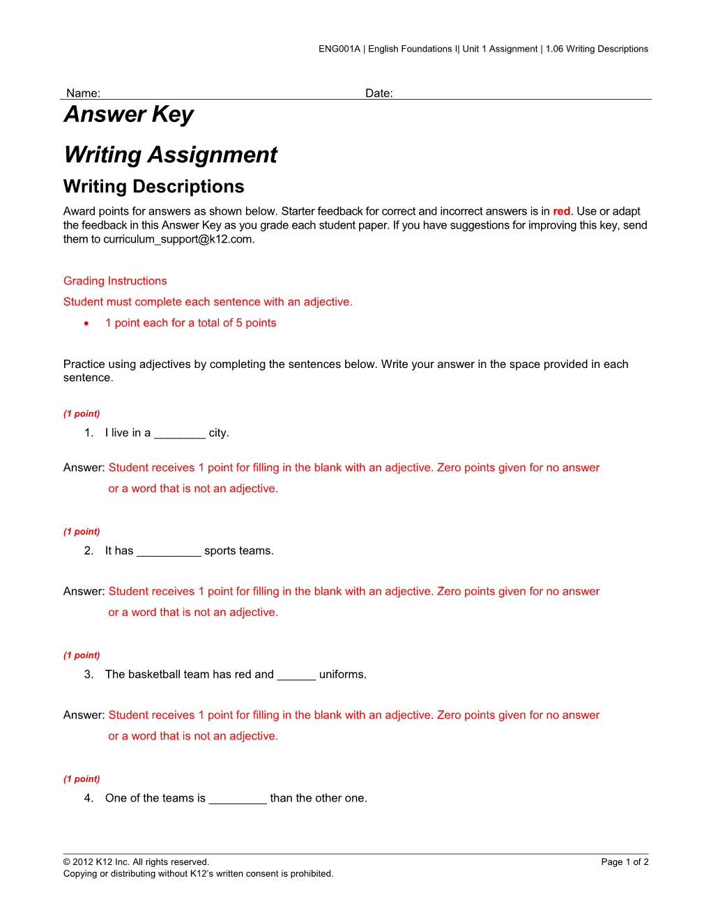 ENG001A English Foundations I Unit 1 Assignment 1.06 Writing Descriptions