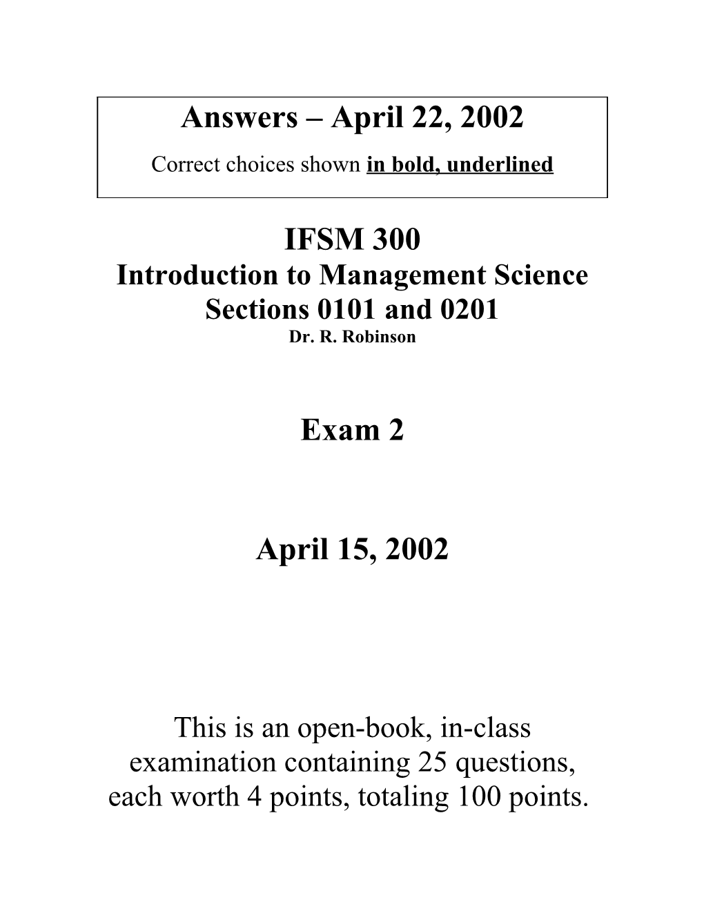 IFSM 300 Introduction to Management Science