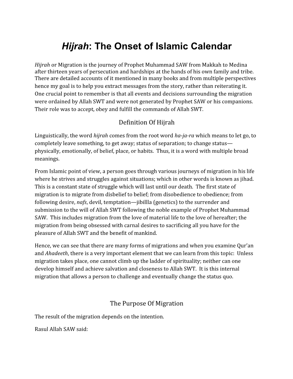 Hijrah: the Onset of Islamic Calendar