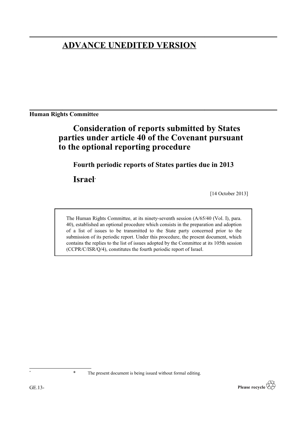 Fourth Periodic Reports of States Partiesdue in 2013