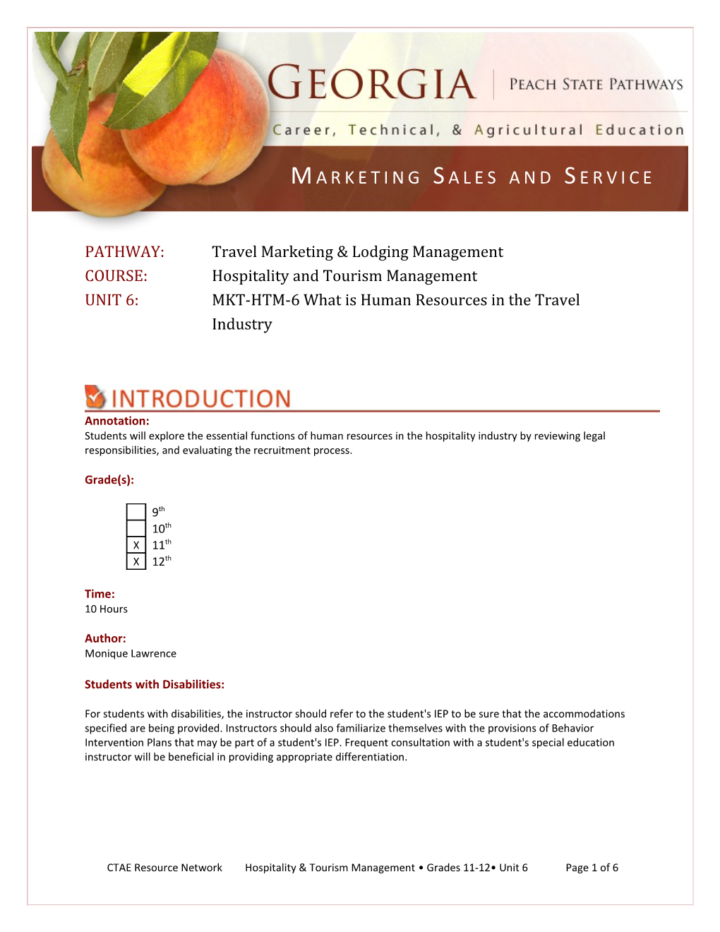 COURSE: Hospitality and Tourism Management