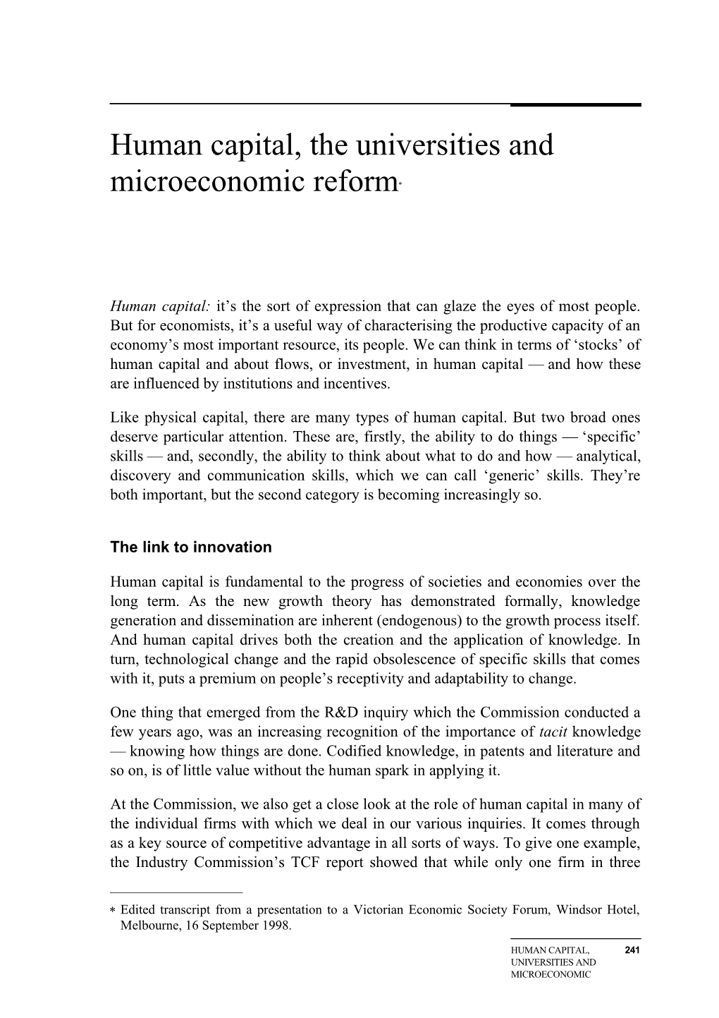 Human Capital, the Universities and Microeconomic Reform