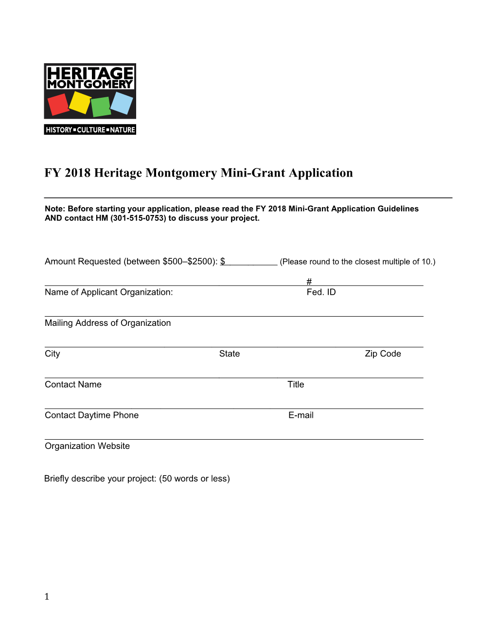 FY 2018 Heritage Montgomery Mini-Grant Application