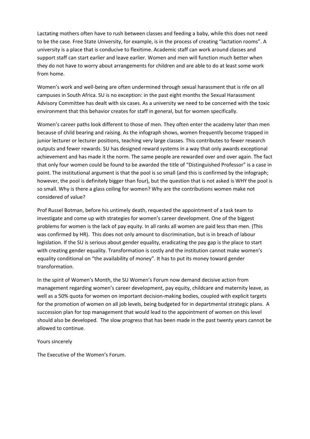 Open Letter from the Women S Forum
