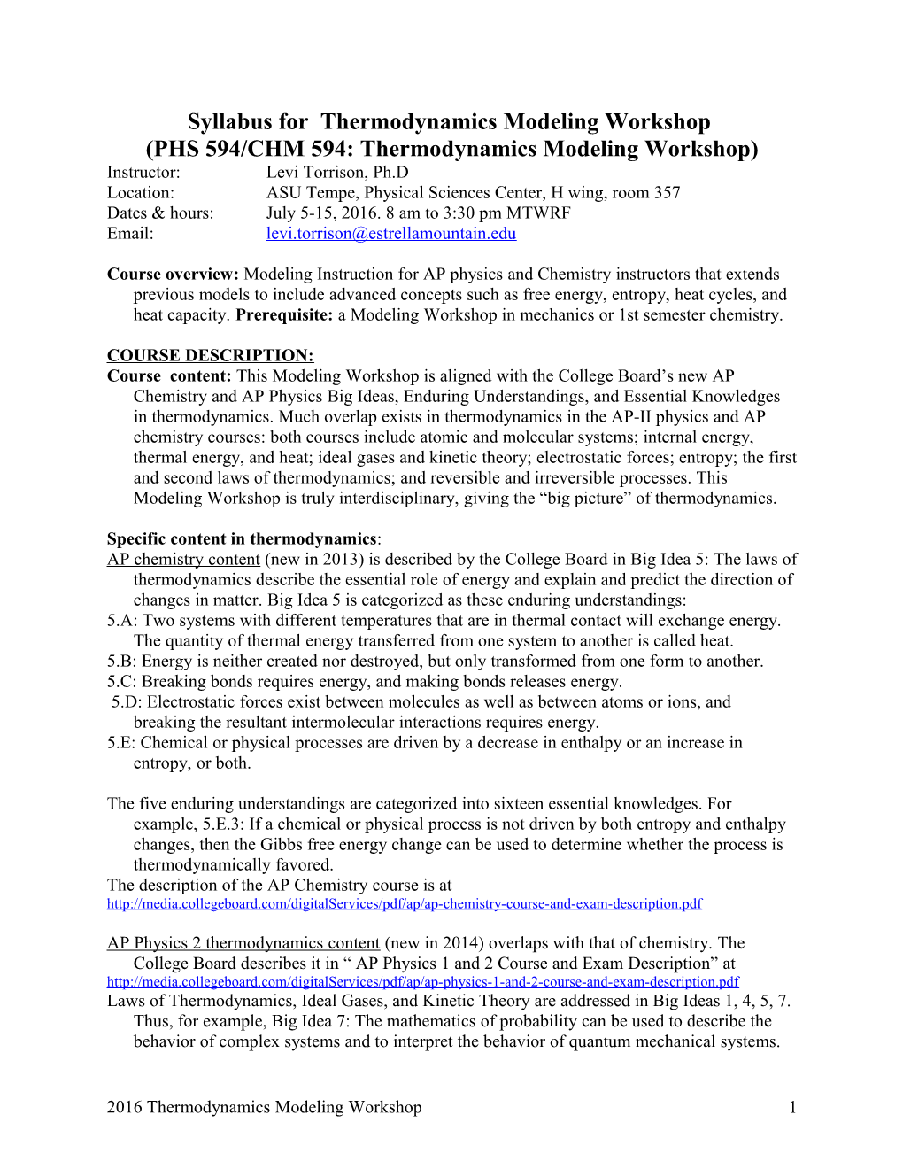 Syllabus for Thermodynamics Modeling Workshop