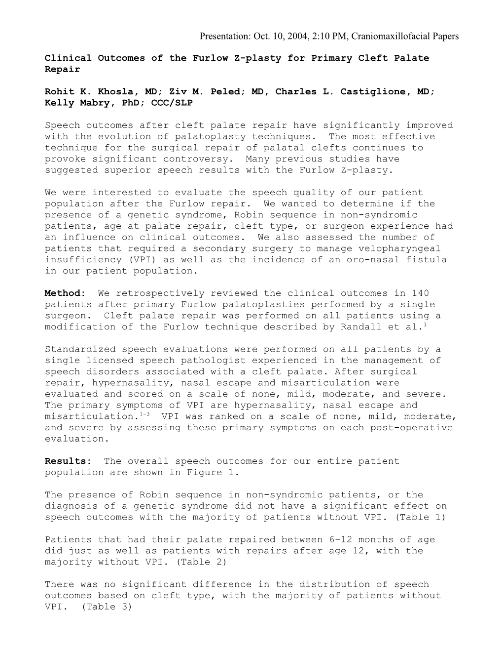 Title: Clinical Outcomes of the Furlow