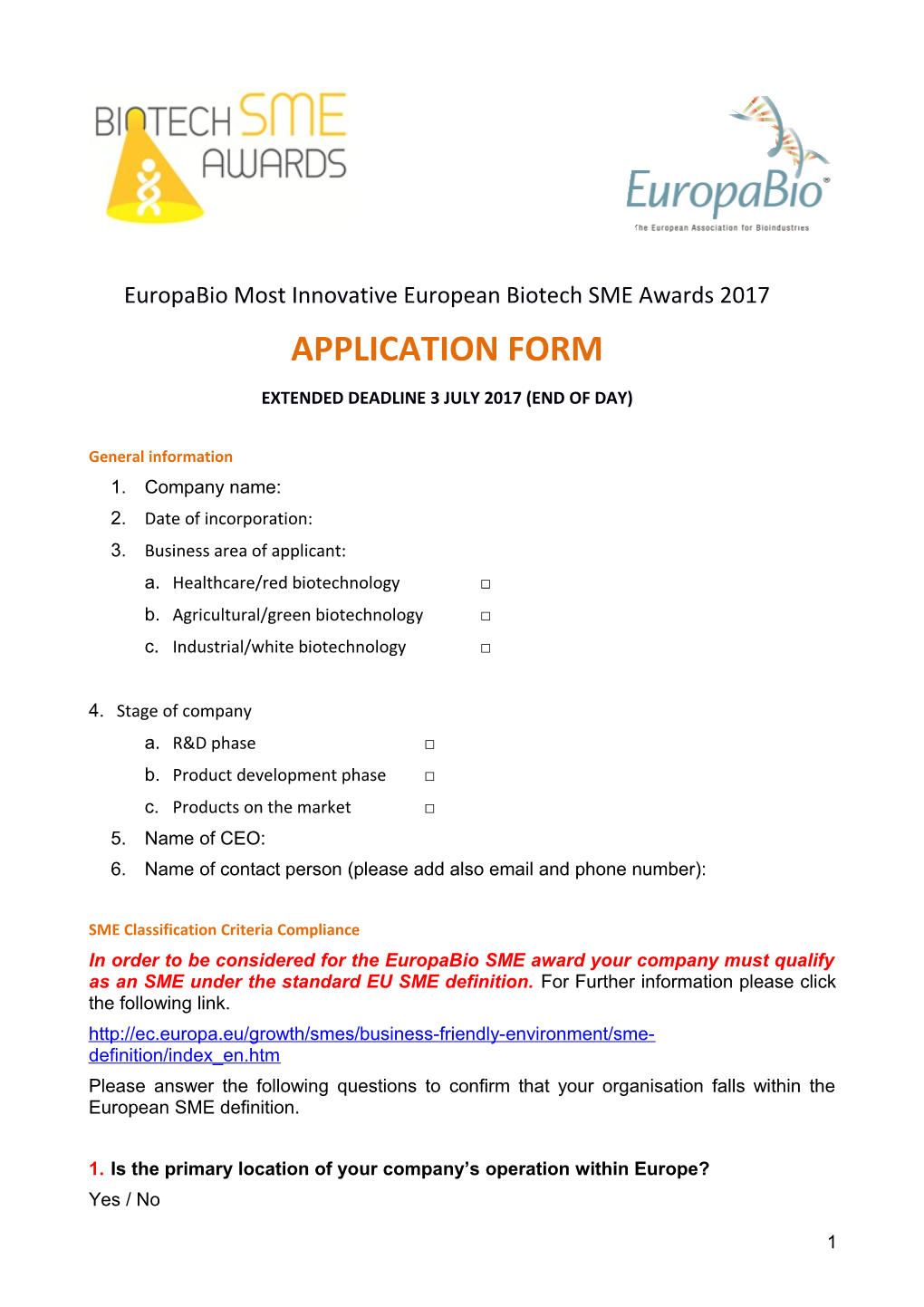 Europabio Most Innovative European Biotech SME Awards 2017