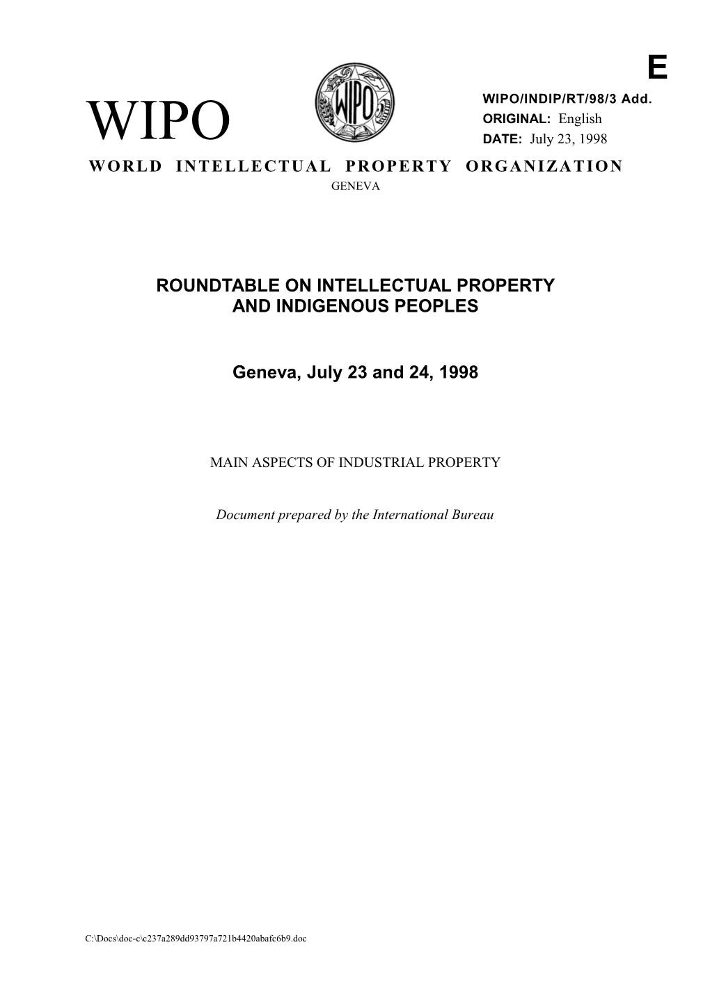 WIPO/INDIP/RT/98/3 ADD.: Main Aspects of Industrial Property (Annex 1)