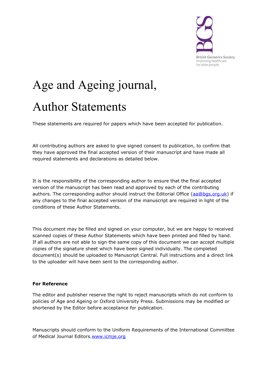 Age and Ageing Journal, Author Statements