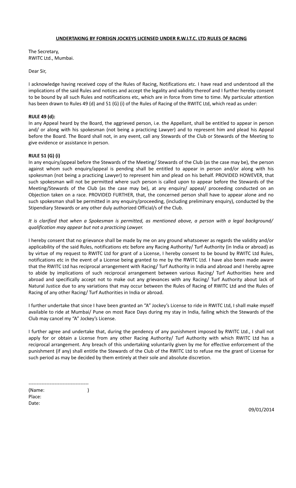 Undertaking by Foreign Jockeys Licensed Under R.W.I.T.C. Ltd Rules of Racing