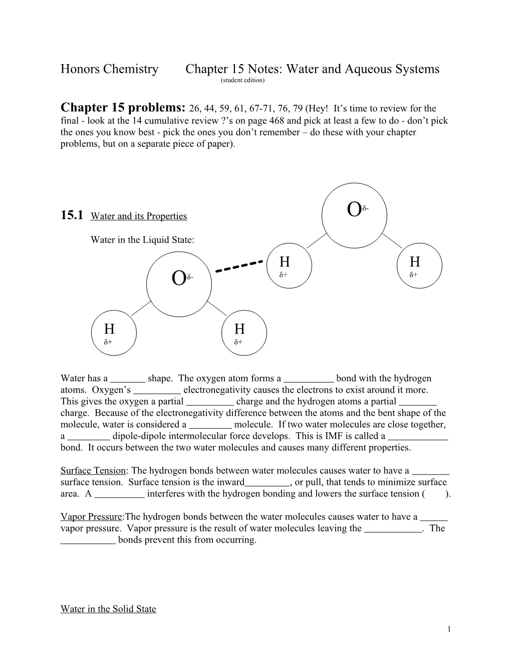 Honors Chemistry Chapter 15 Notes: Water and Aqueous Systems