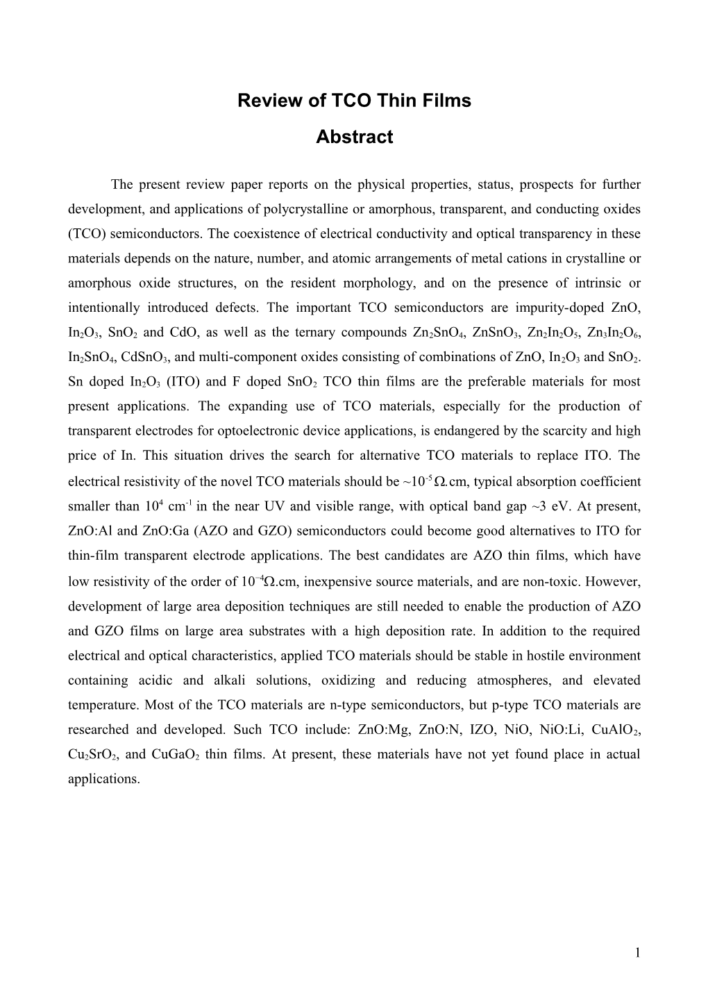 Review of TCO Thin Films