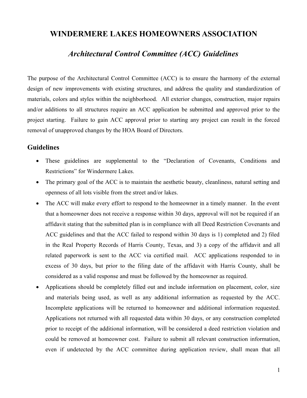 Windermere Lakes ACC Guidelines