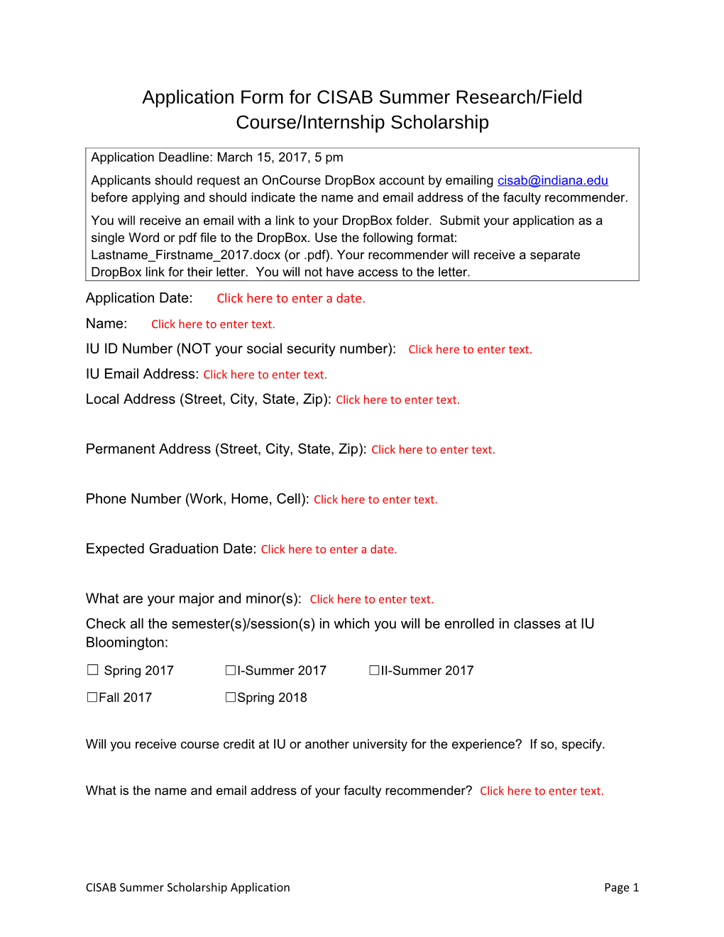 Application Form for CISAB Summer Research/Field Course/Internship Scholarship