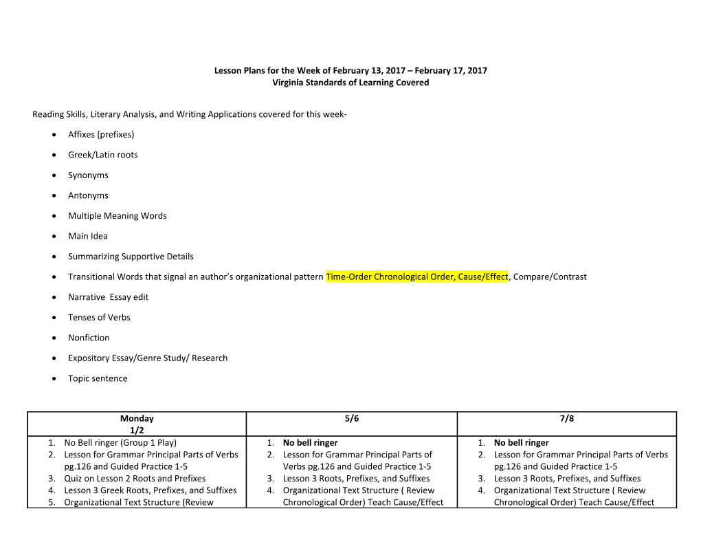 Lesson Plans for the Week of February 13, 2017 February 17, 2017