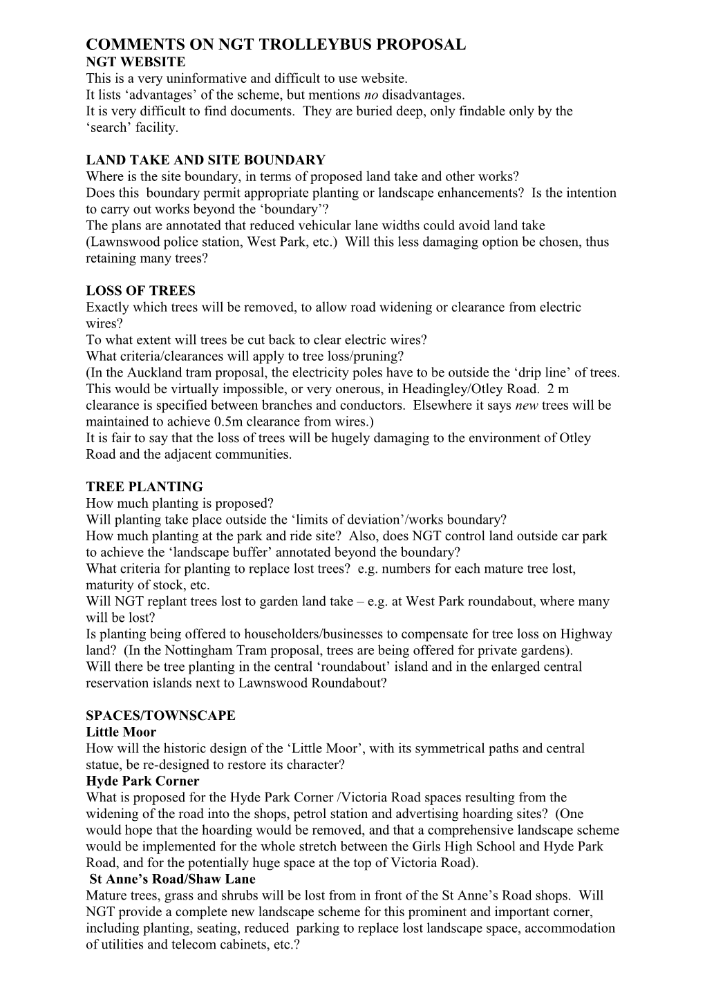 Comments on Ngt Trolleybus Proposal
