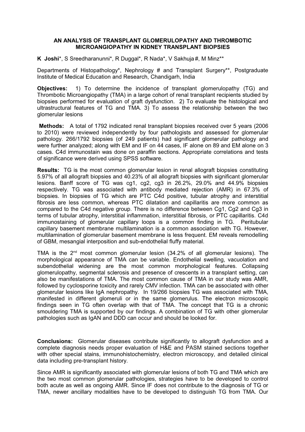 An Analysis of Transplant Glomerulopathy and Thrombotic Microangiopathy in Kidney Transplant