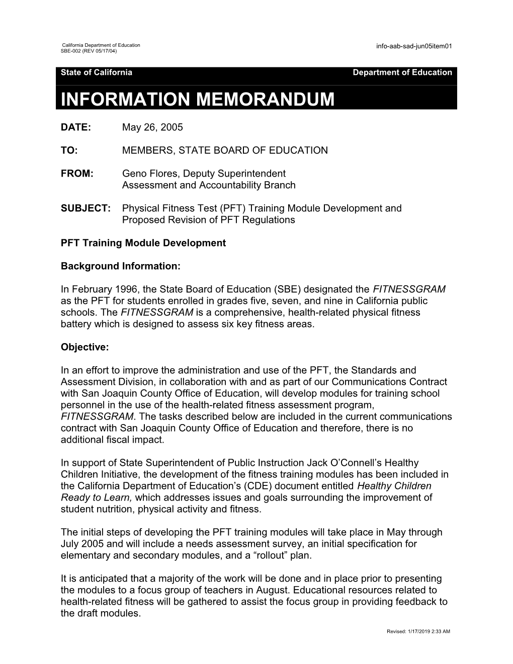 June 2005 AAB-SAD Item 01 - Information Memorandum (CA State Board of Education)