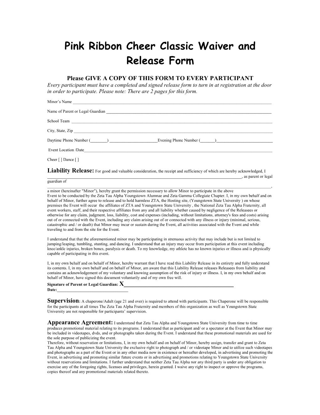 Pink Ribbon Cheer Classic Waiver and Release Form