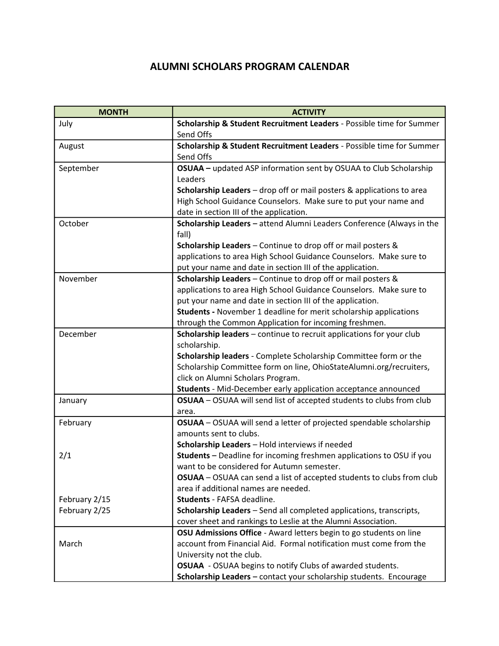 Alumni Scholars Program Calendar