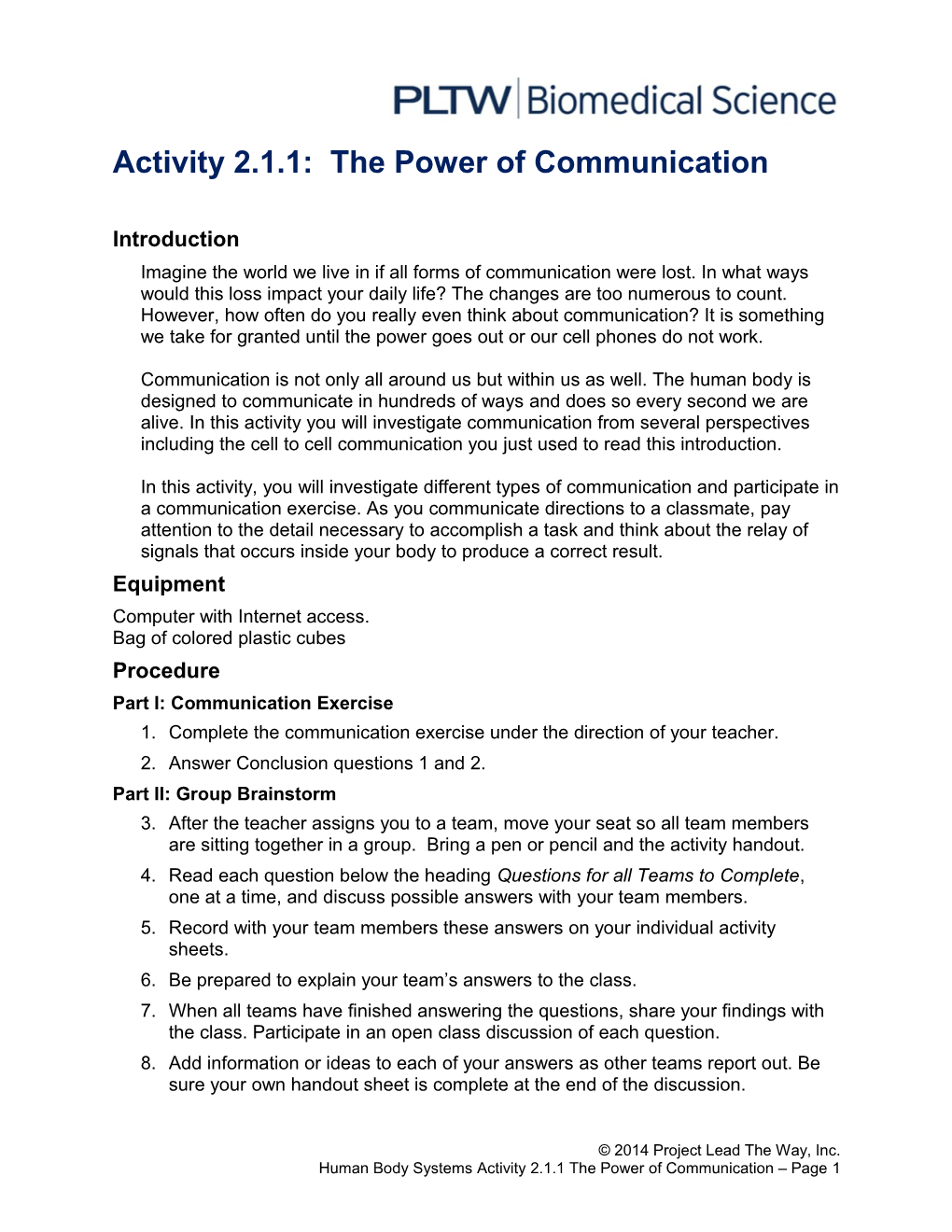 Activity 2.1.1: the Power of Communication