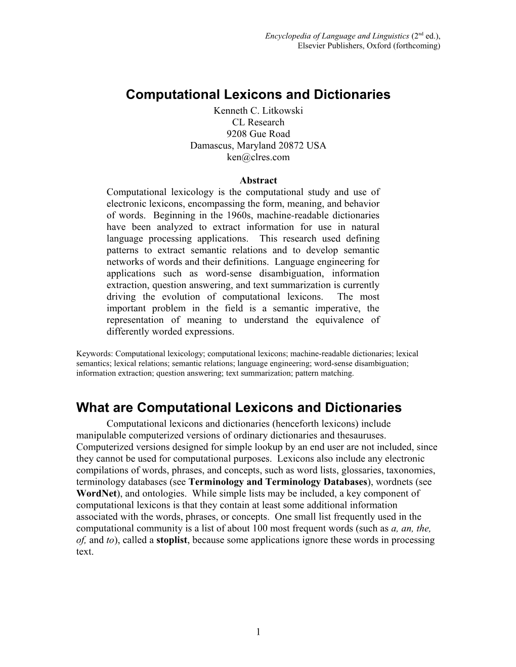 Computational Lexicons and Dictionaries