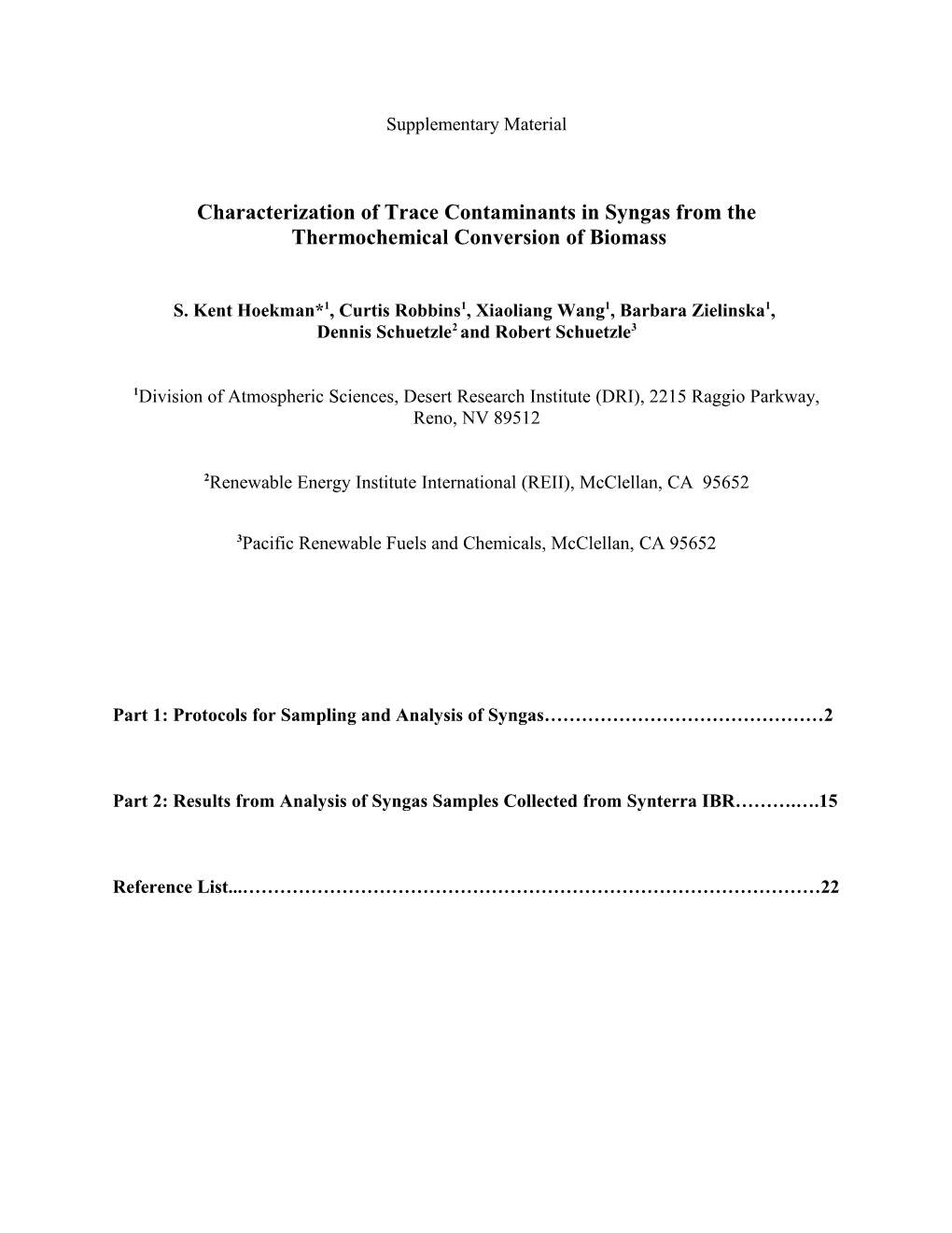 Characterization of Trace Contaminants in Syngas from The