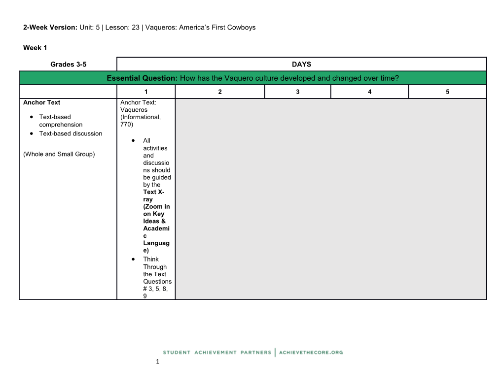 2-Week Version: Unit: 5 Lesson: 23 Vaqueros: America S First Cowboys