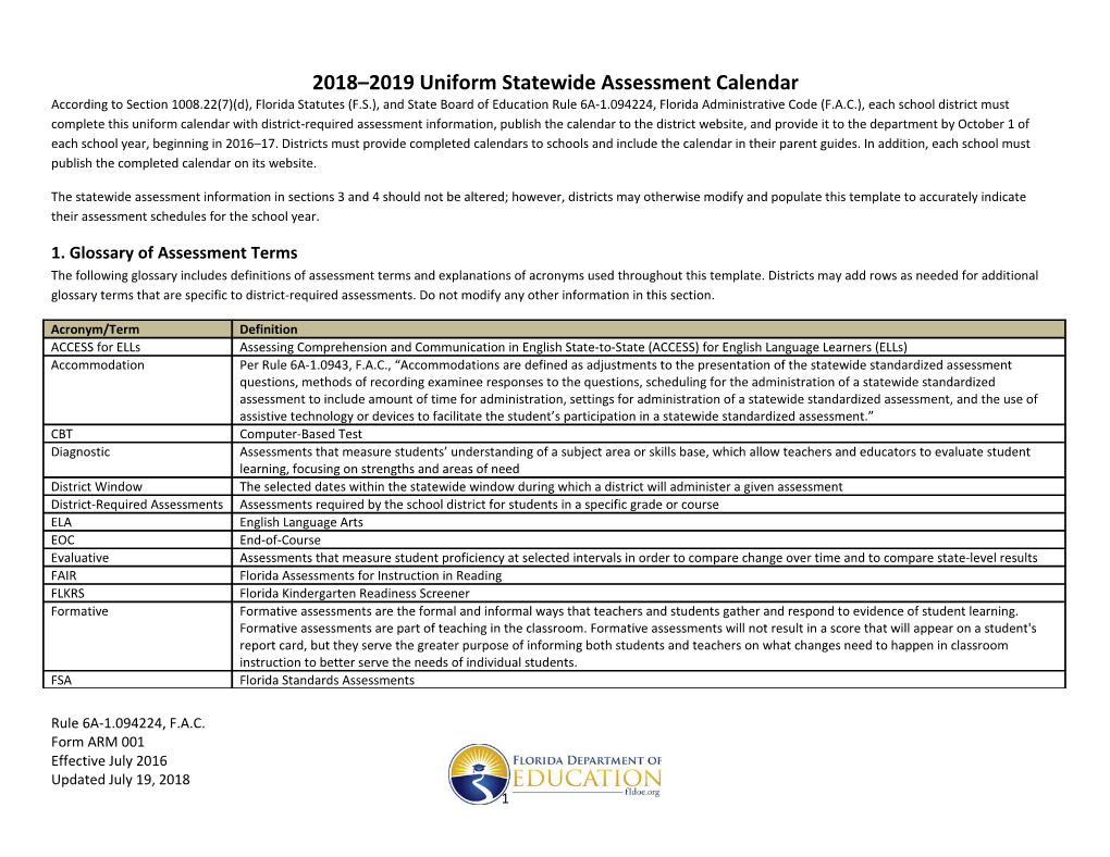 2018 2019 Uniform Statewide Assessment Calendar
