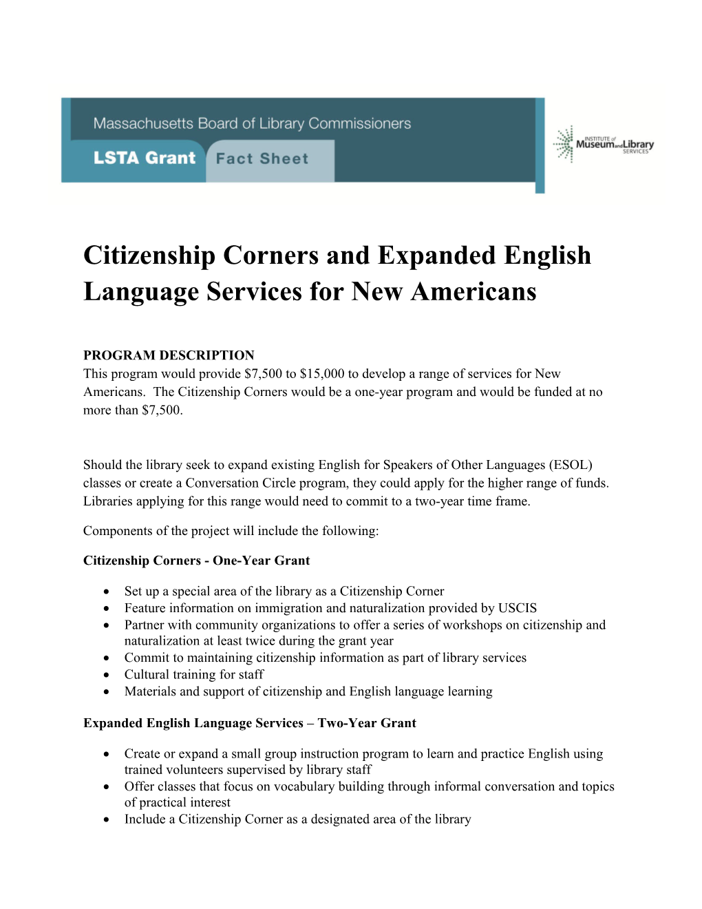 Citizenship Corners and Expanded English Language Services for New Americans - FY19 LSTA