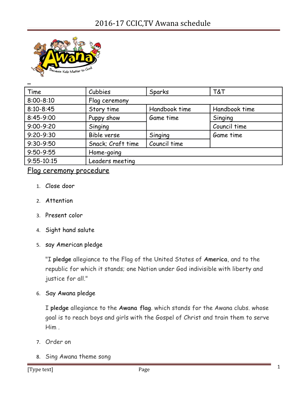 2016-17 CCIC,TV Awana Schedule