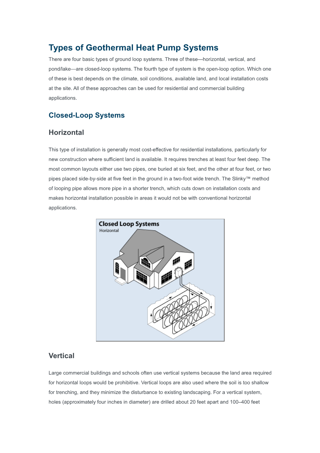 Types of Geothermal Heat Pump Systems