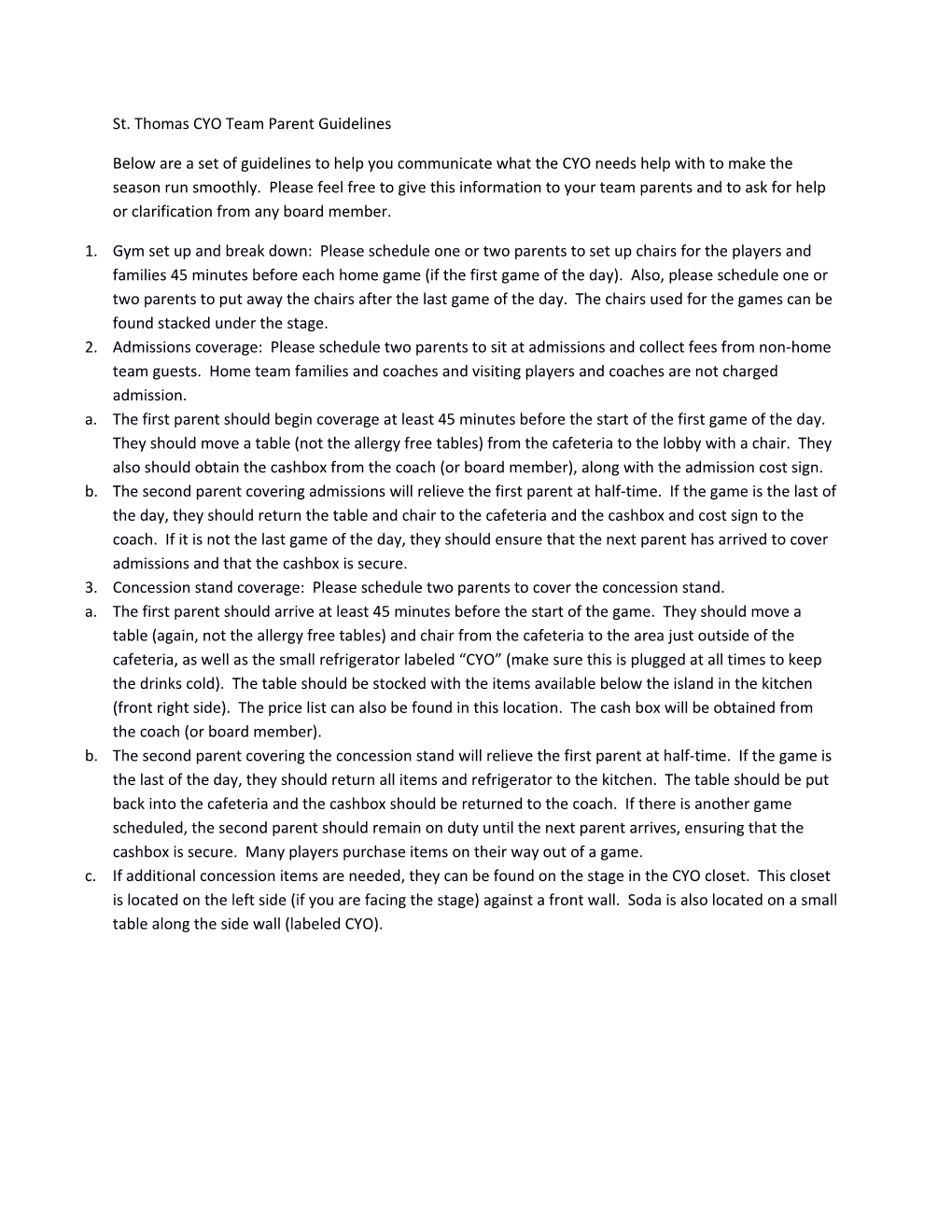 CYO Team Parent Guidelines