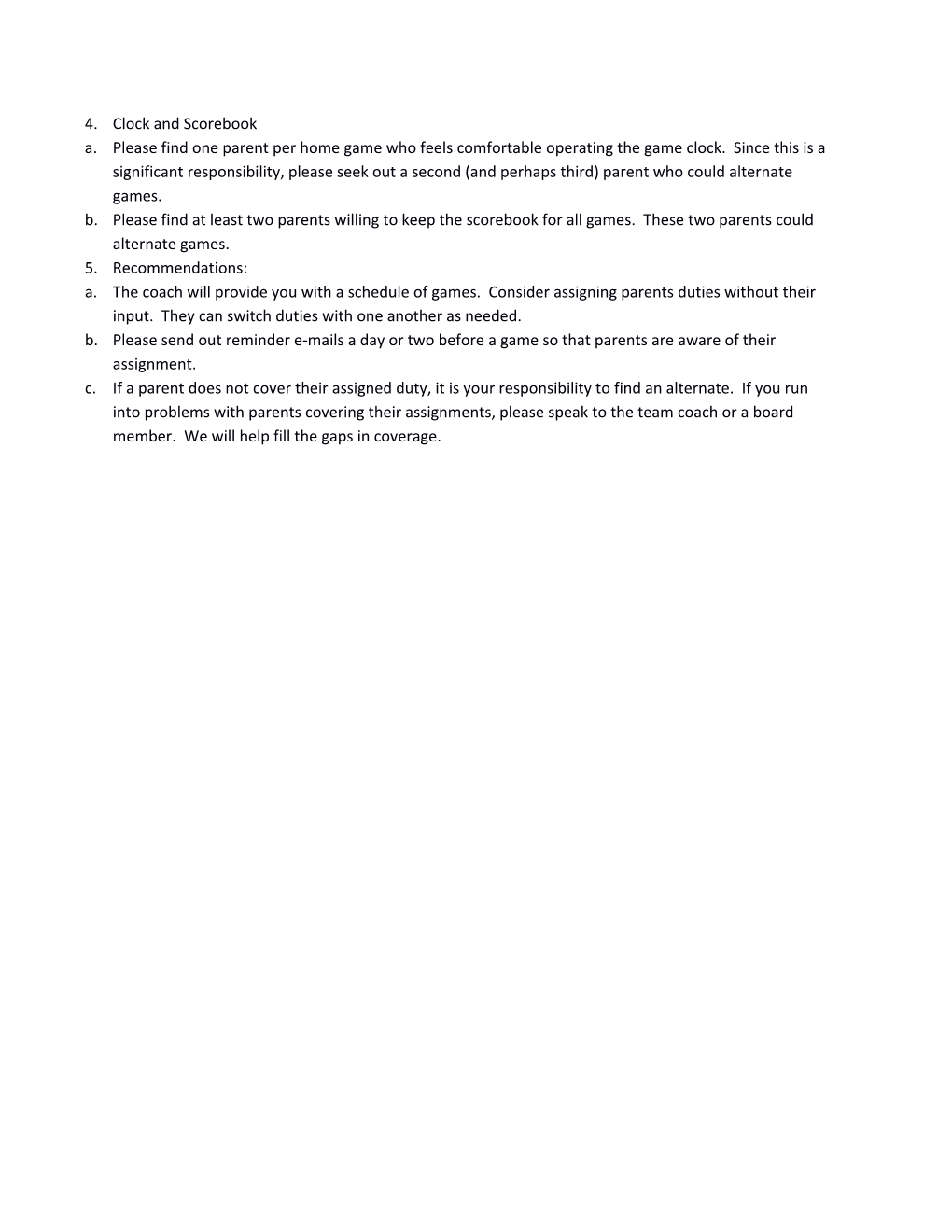 CYO Team Parent Guidelines