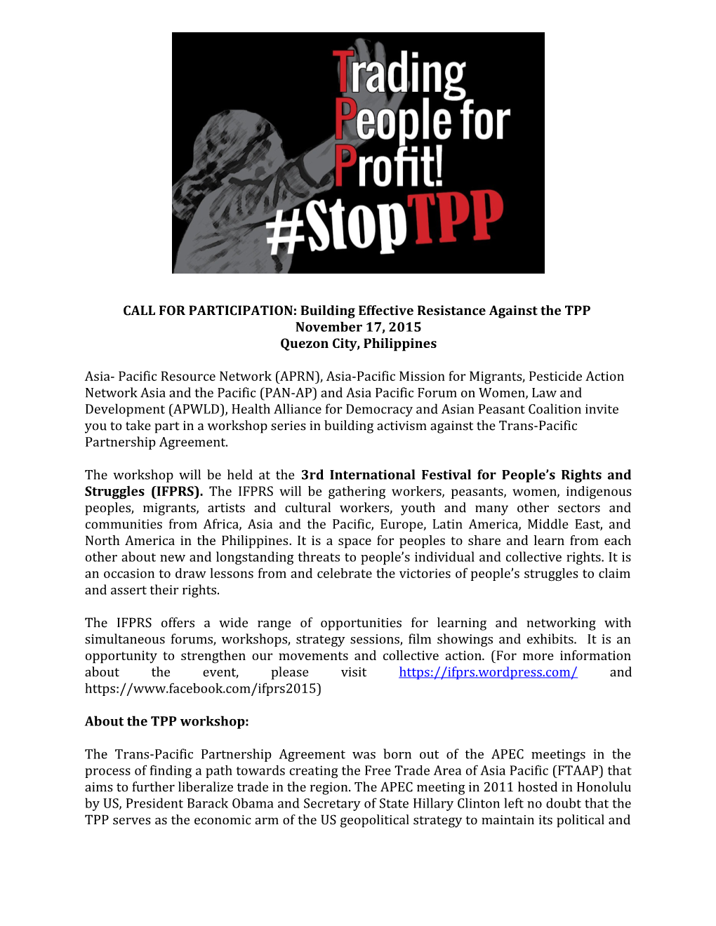 CALL for PARTICIPATION: Building Effective Resistance Against the TPP