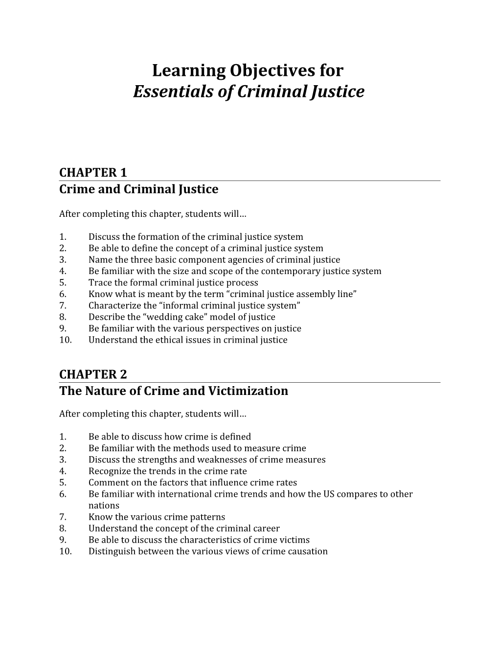 Learning Objectives for Essentials of Criminal Justice