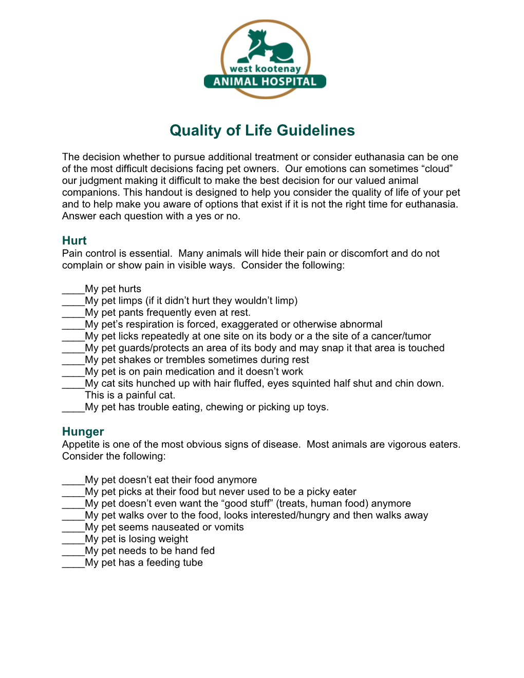 Quality of Life Guidelines