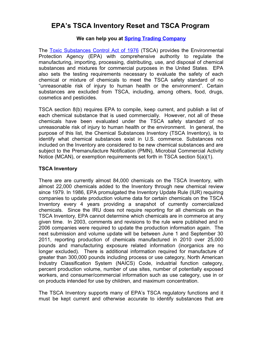 EPA S TSCA Inventory Reset and Champ Program