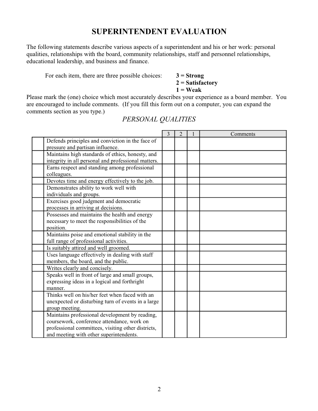 Superintendent Evaluation Worksheet
