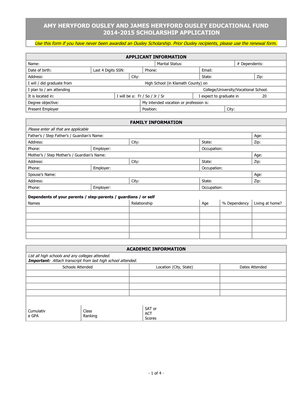 Ousley Scholarship Application