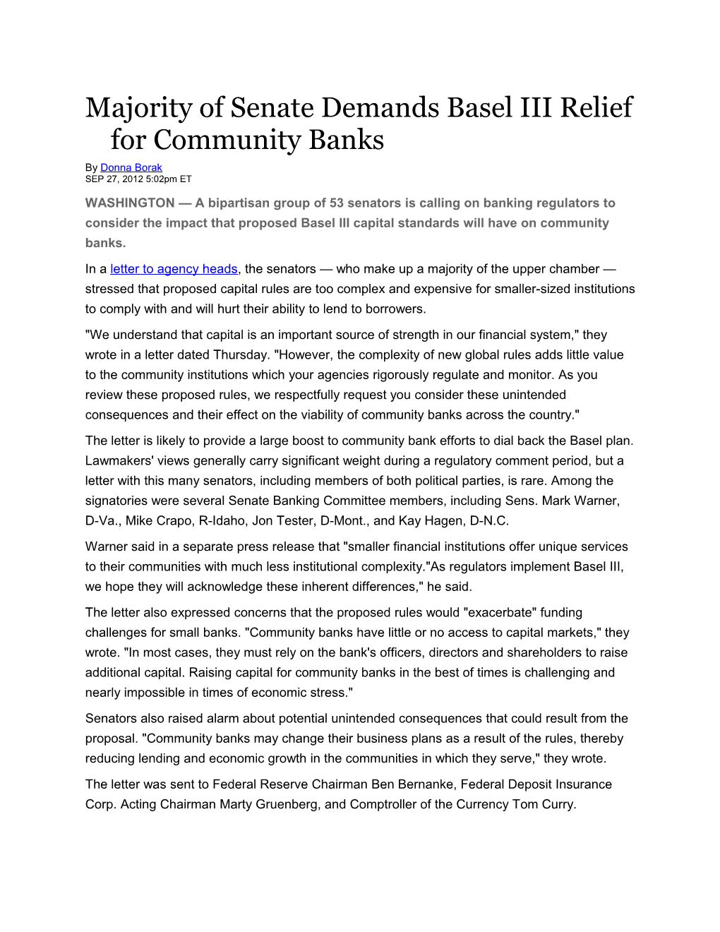 Majority of Senate Demands Basel III Relief for Community Banks