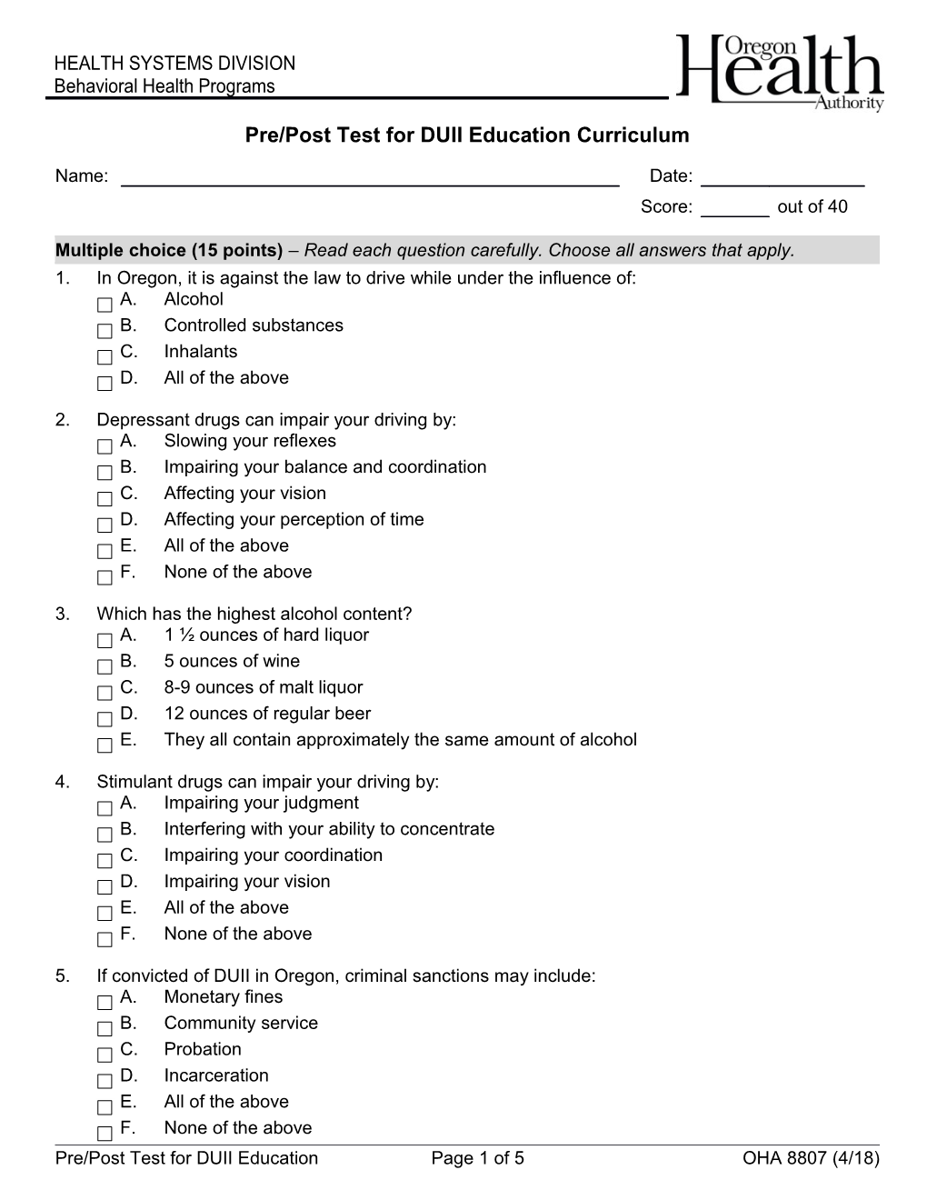 Pre/Post Test for DUII Education Curriculum